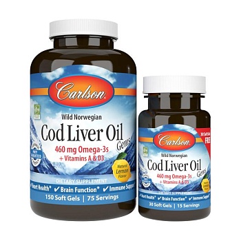 фото дієтична добавка в желатинових капсулах carlson labs cod liver oil олія печінки тріски, зі смаком лимона, 150+30 шт