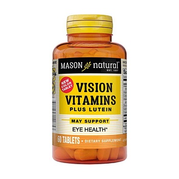 фото дієтична добавка в таблетках mason natural vision vitamins plus lutein, вітаміни для очей із лютеїном, 60 шт