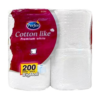 фото туалетний папір boni perfex cotton like premium white, 3-шаровий, білий, 200 відривів, 4 рулони
