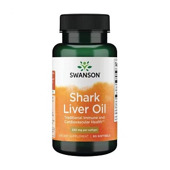 фото дієтична добавка в гелевих капсулах swanson shark liver oil олія печінки акули, 550 мг, 60 шт