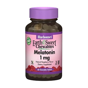 фото дієтична добавка в жувальних таблетках bluebonnet nutrition earth sweet chewables melatonin мелатонін 1 мг, зі смаком малини, 60 шт
