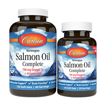 фото дієтична добавка в гелевих капсулах carlson labs salmon oil complete лососевий жир, 120+60 шт