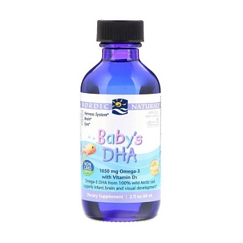 фото дієтична добавка в рідині для дітей nordic naturals baby's dha omega-3 with vitamin d3 риб'ячий жир, 1050 мг, з вітаміном d3, 60 мл