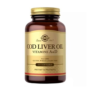 фото дієтична добавка вітаміни в капсулах solgar cod liver oil vitamins a & d з печінки норвезької тріски, 100 шт