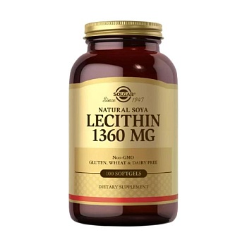 фото дієтична добавка в капсулах solgar natural soya lecithin лецитин соєвий, 1360 мг, 100 шт