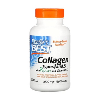 фото дієтична добавка колаген в таблетках doctor's best collagen types 1 and 3 powder з пептаном та вітаміном c, 1000 мг, 180 шт