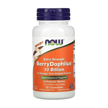 фото дієтична добавка в жувальних таблетках now foods berry dophilus 10 billion пробіотики дофілус для дітей та дорослих, 50 шт