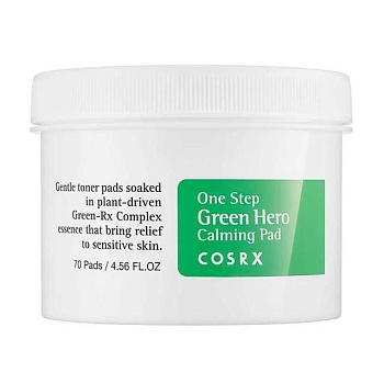фото заспокійливі пілінг-диски для обличчя cosrx one step green hero calming pad з екстрактом зеленого чаю, 70 шт