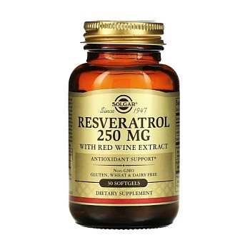 фото дієтична добавка в капсулах solgar resveratrol ресвератрол 250 мг, з екстрактом червоного вина, 30 шт