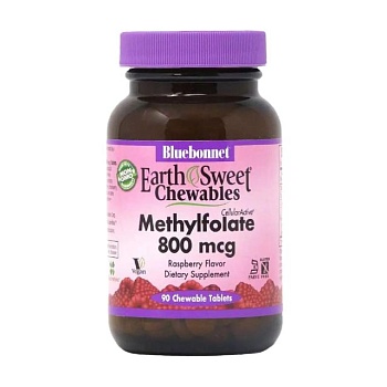 фото дієтична добавка вітаміни в жувальних таблетках bluebonnet nutrition earth sweet chewables methylfolate (вітамін b9) 800 мкг, зі смаком малини, 90 шт